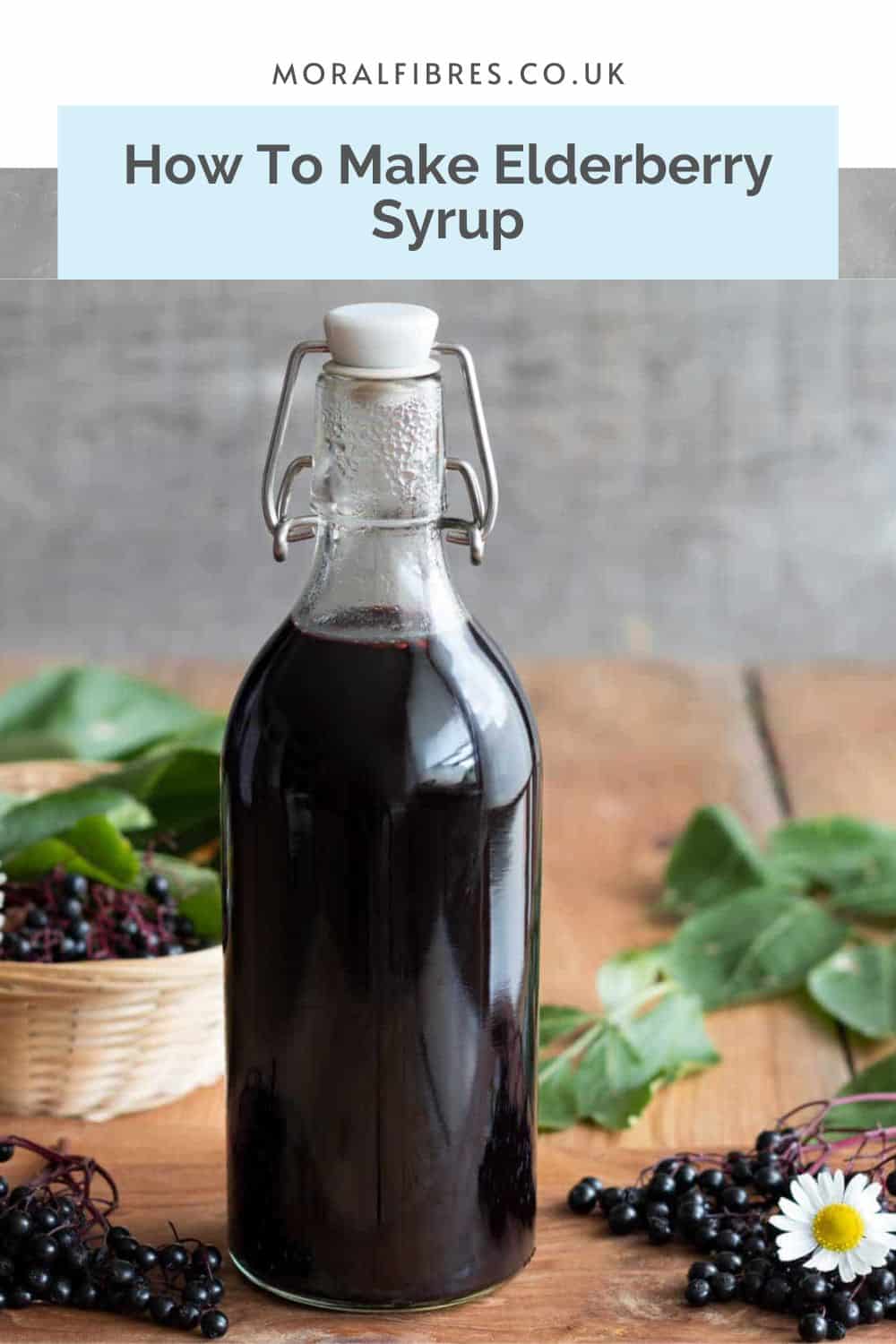 Bottle containing a dark liquid, next to elderberries, with a blue text box that reads how to make elderberry syrup.