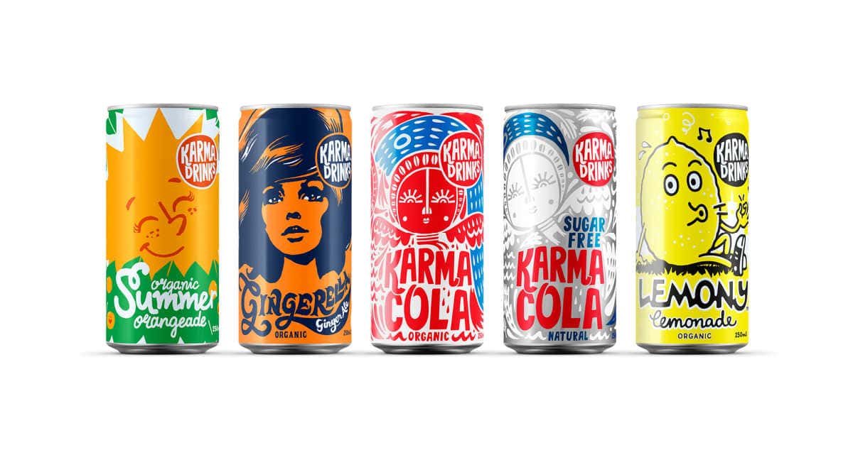 Collection of five cans of Karma drinks 