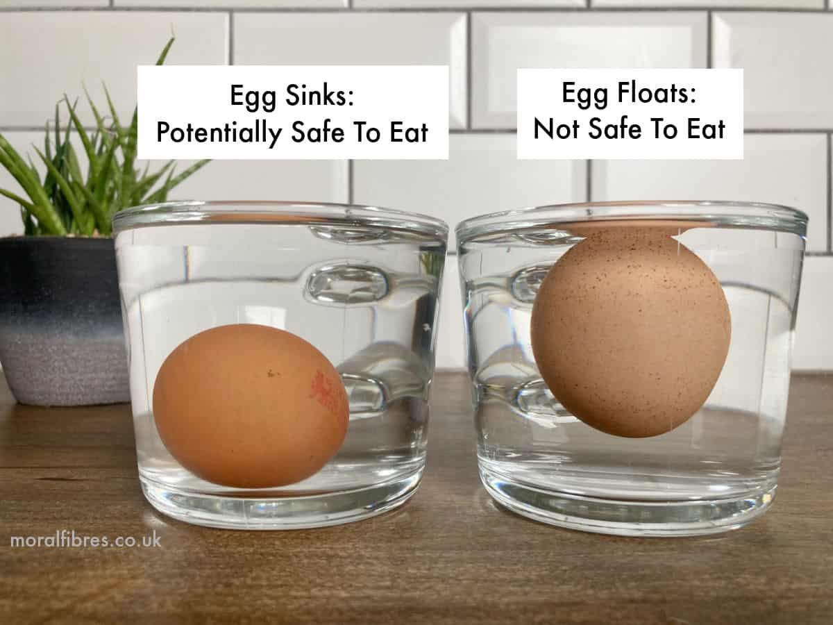 Two eggs in separate glass cups of water. One has sank to the bottom, and a text box above it reads egg sinks: potentially safe to eat. The other egg is floating at the top of the water, and a text box above it reads egg floats: not safe to eat.