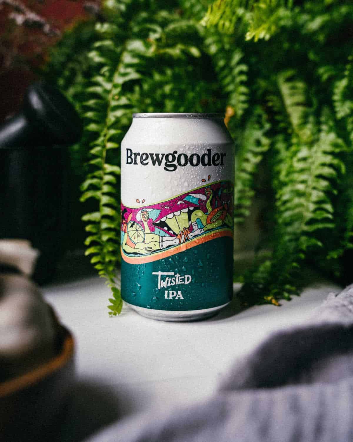 Can of Brewgooder Twisted IPA sitting next to a fern.